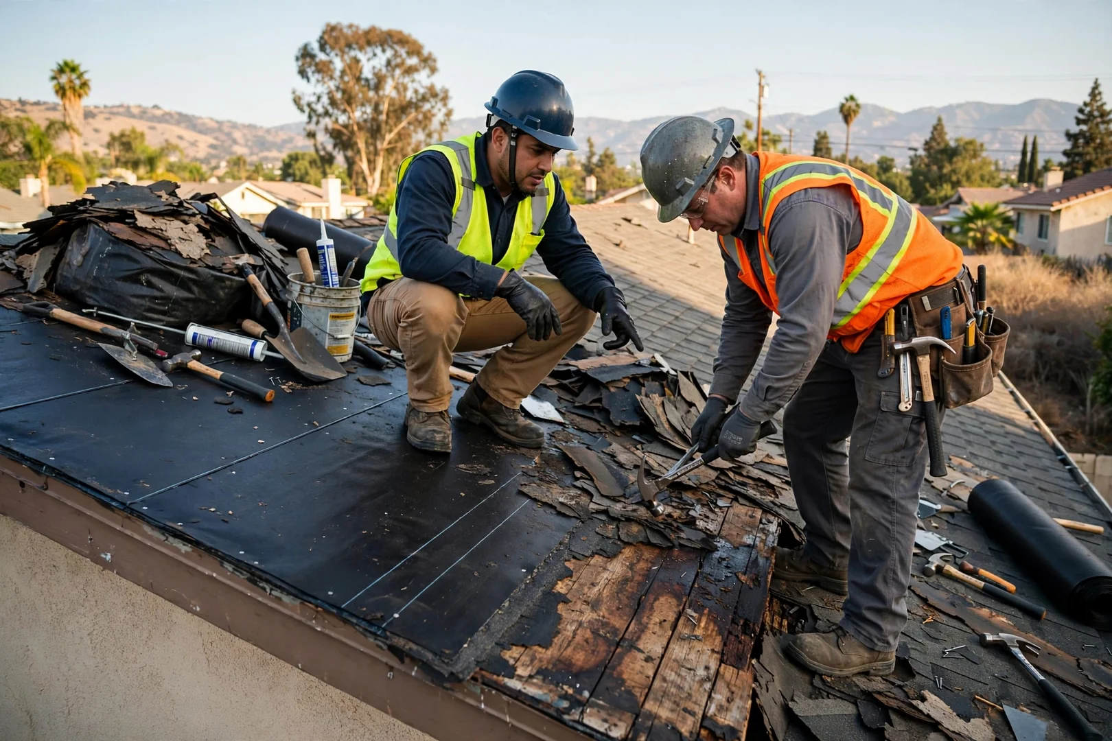 Roofing estimator measuring a flat commercial membrane roof during a cost assessment in La Puente