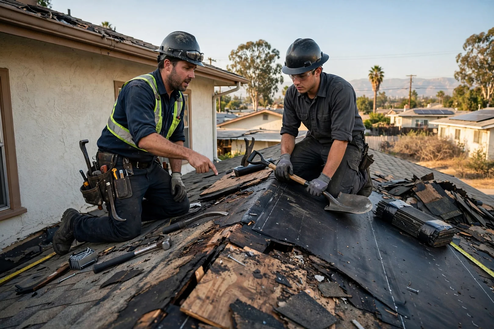Roofing professional reviewing flat commercial roof membrane and flashing details on a La Puente building