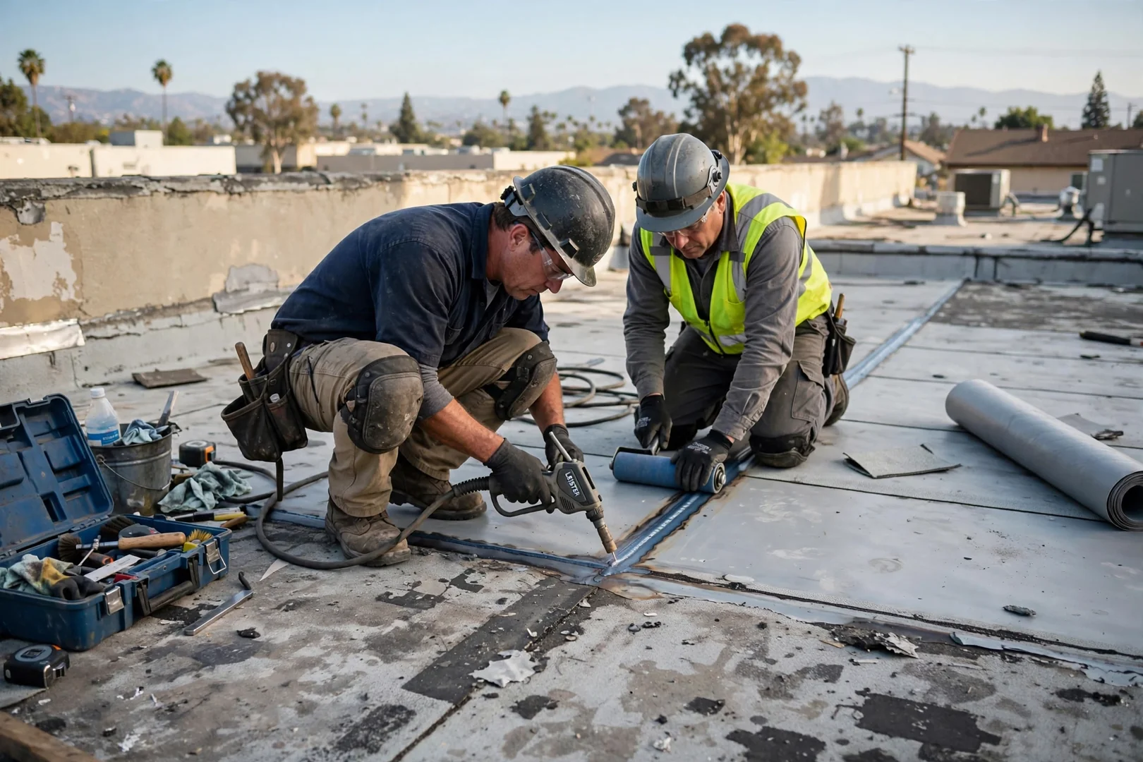 Crew hot-air welding single-ply TPO membrane seams on a flat commercial roof