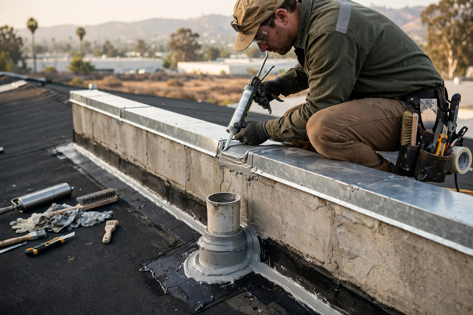 Close-up of restored parapet wall flashing and sealed penetration on a warehouse roof