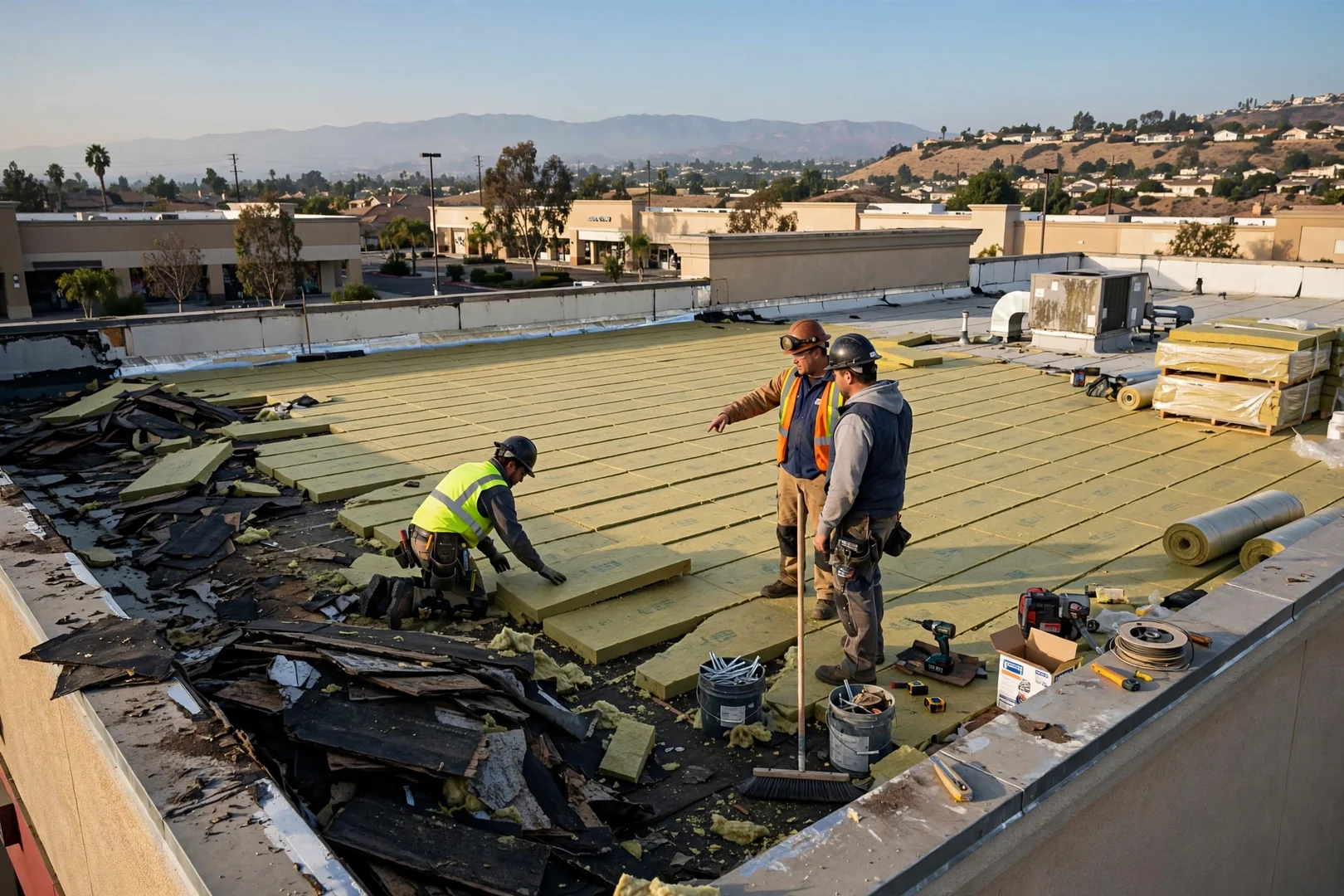 Wide view of a retail plaza roof after tear-off and new tapered insulation installation