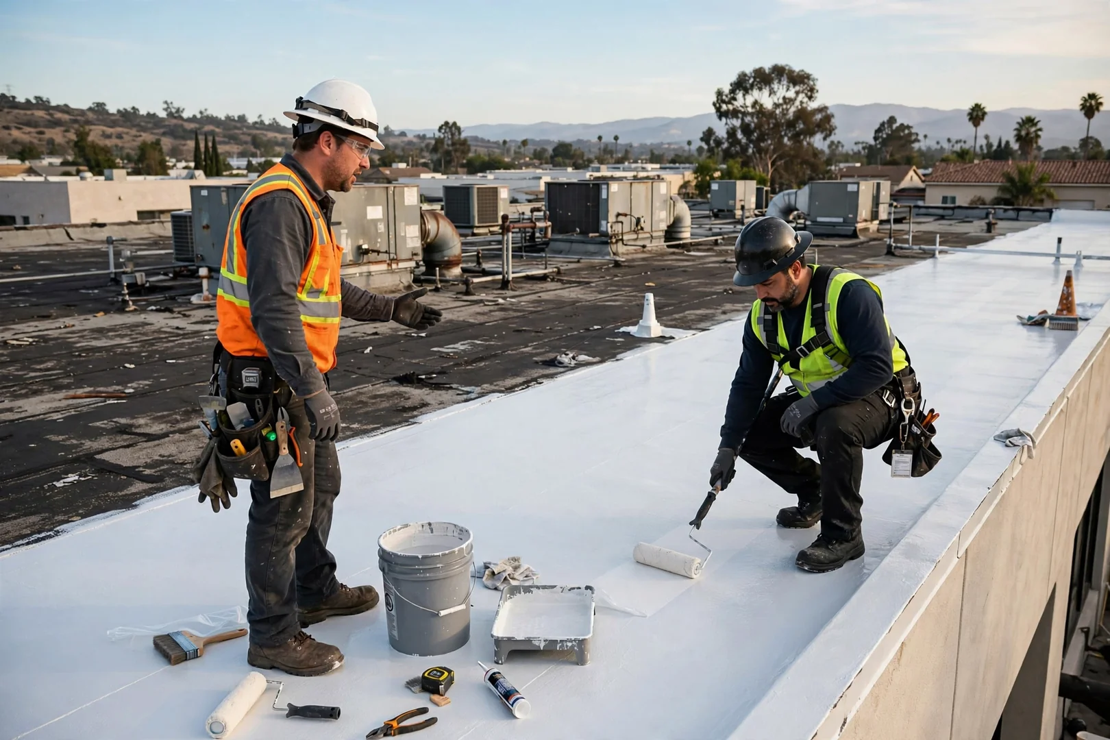 Finished reflective coating restoration on an aging industrial roof with rooftop HVAC units