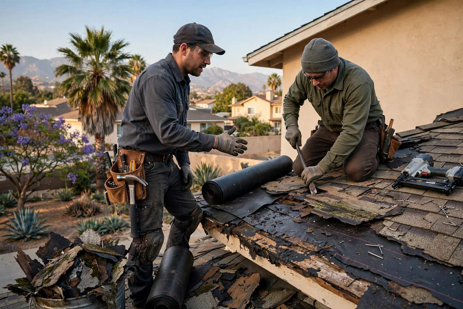 Technician measuring fascia and eave line before seamless gutter installation on a La Puente home