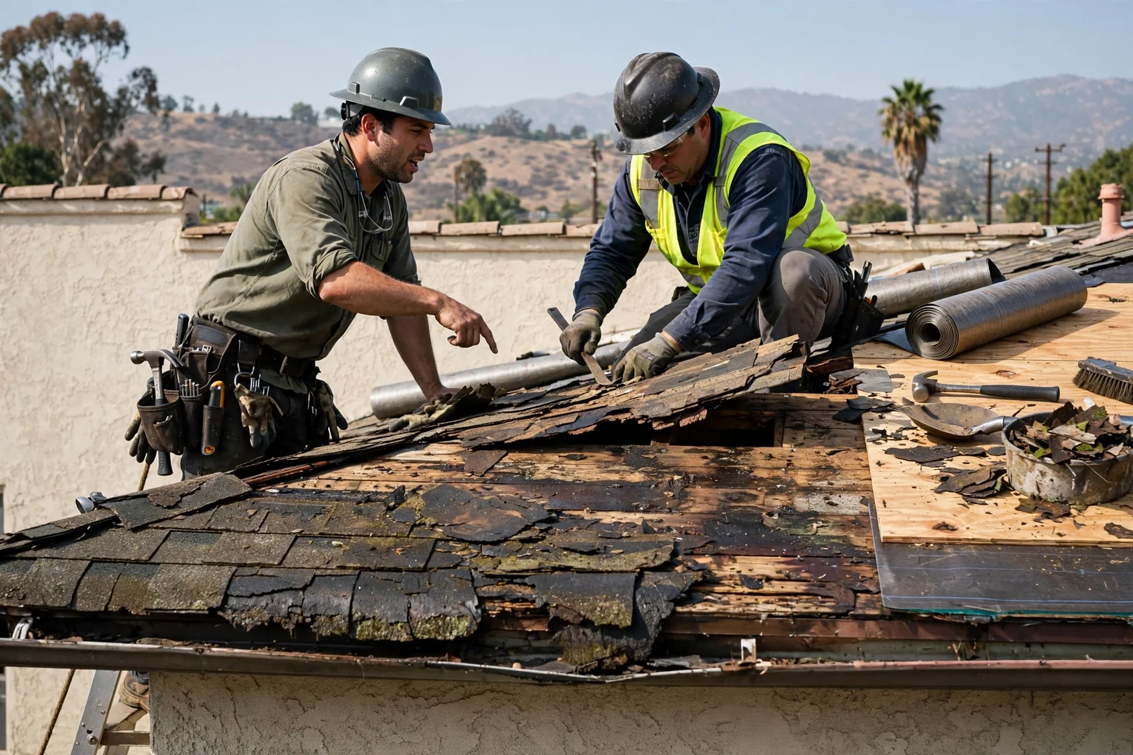 Installer securing a seamless aluminum gutter section along a residential roof edge in La Puente