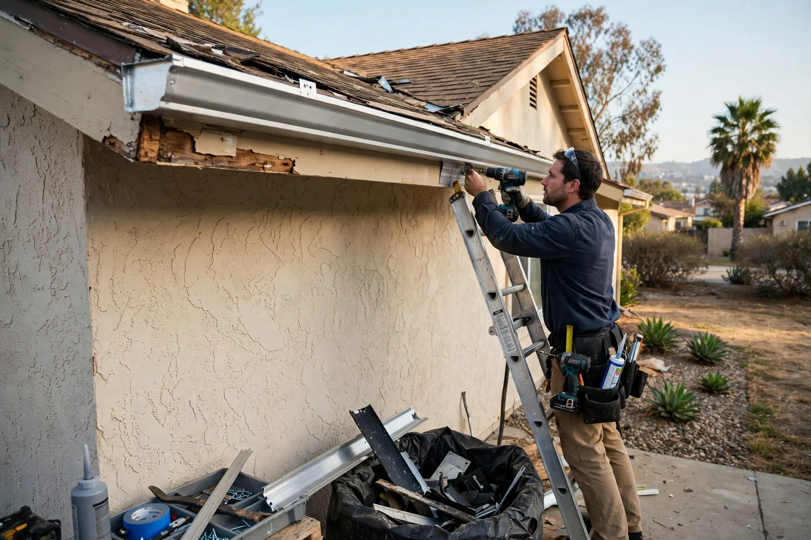 Seamless aluminum K-style gutter run installed along a single-story stucco home eave