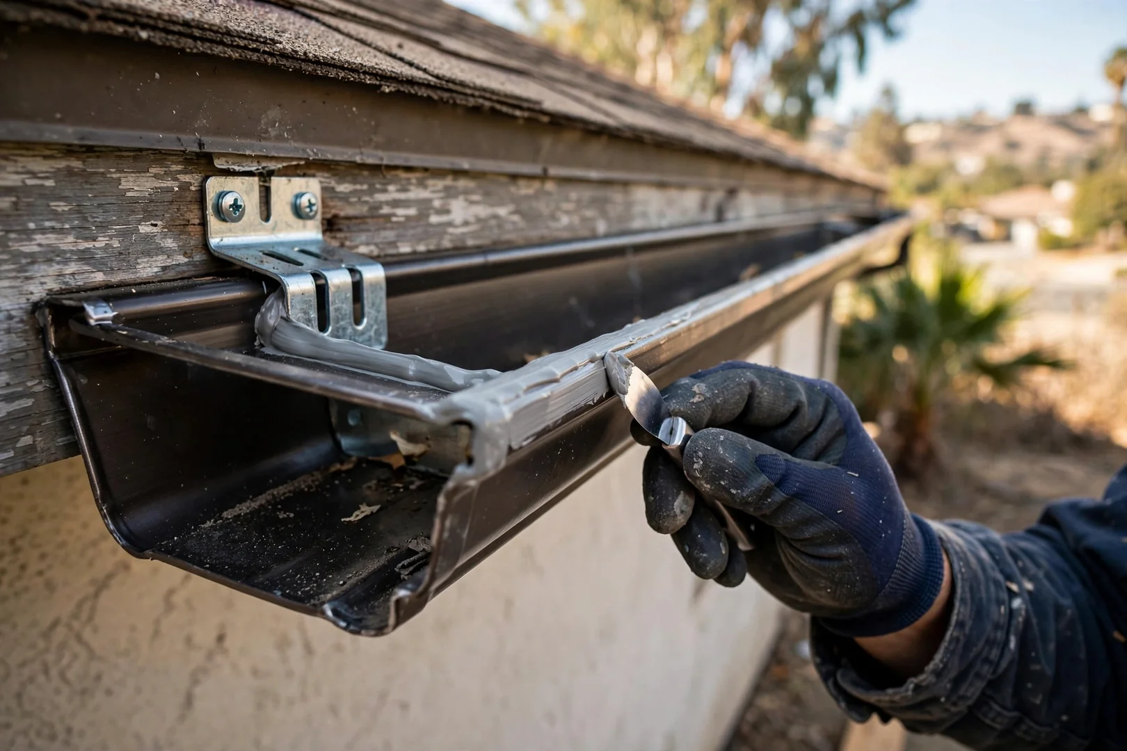 Close-up of sealed miter joint and hidden hanger bracket on new gutter section