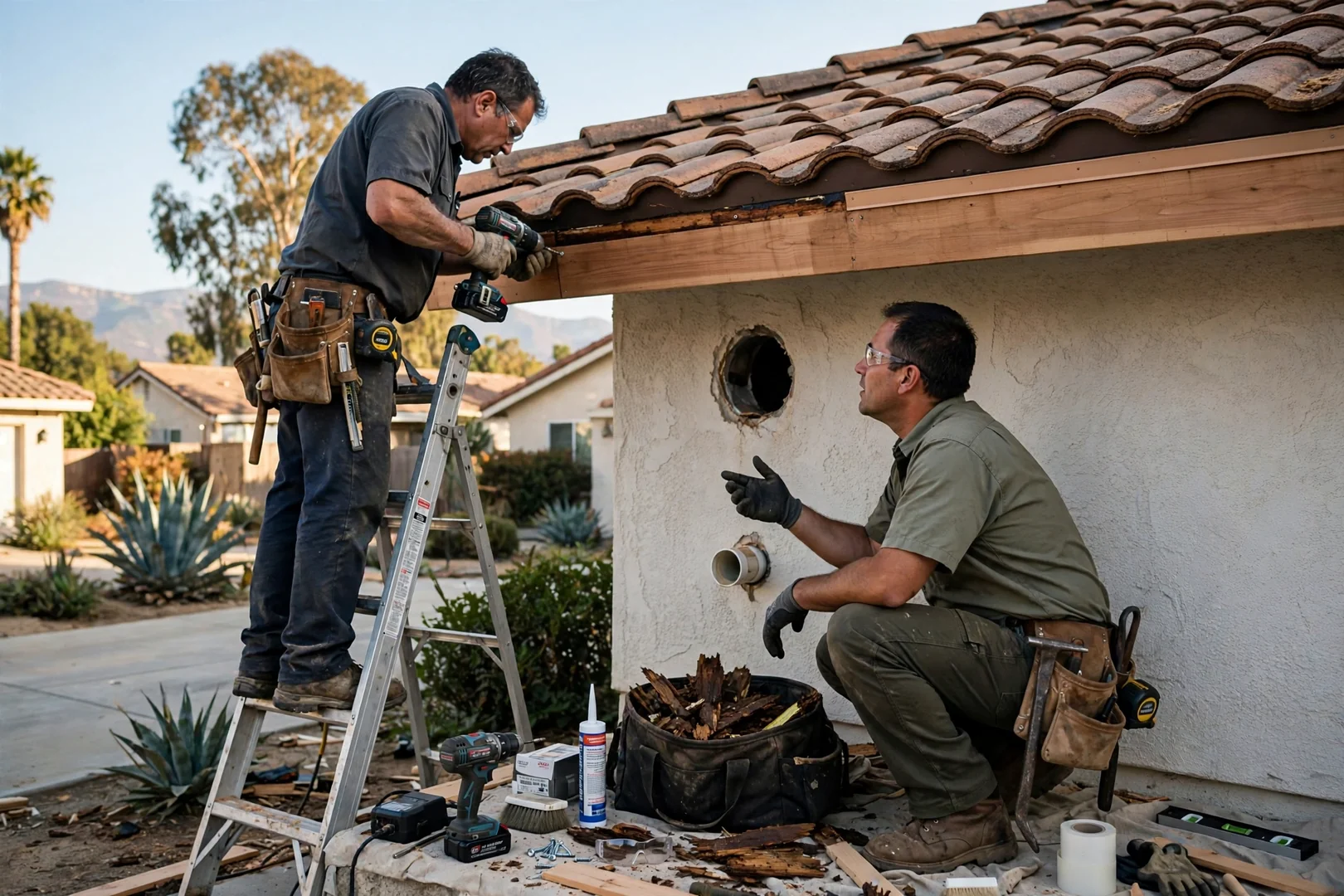Rotted fascia board removed and rebuilt before new downspout outlet installation