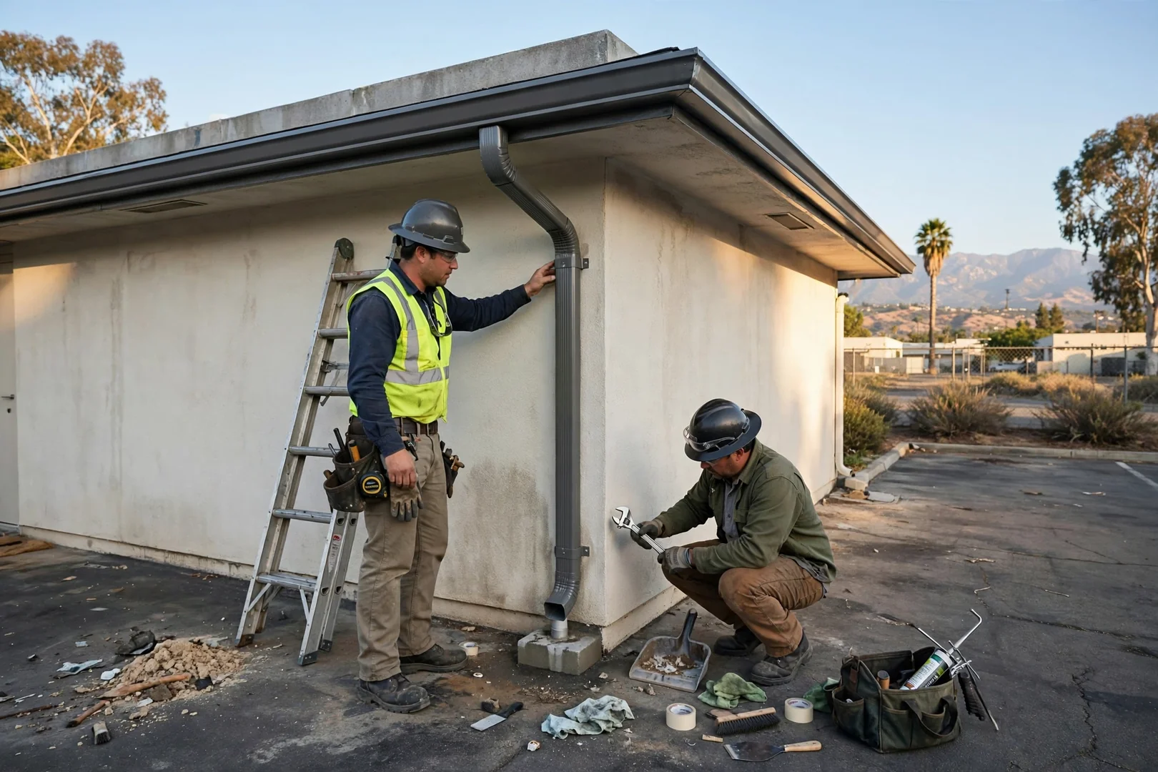 Wide shot of completed commercial gutter and downspout system on flat-roofed building