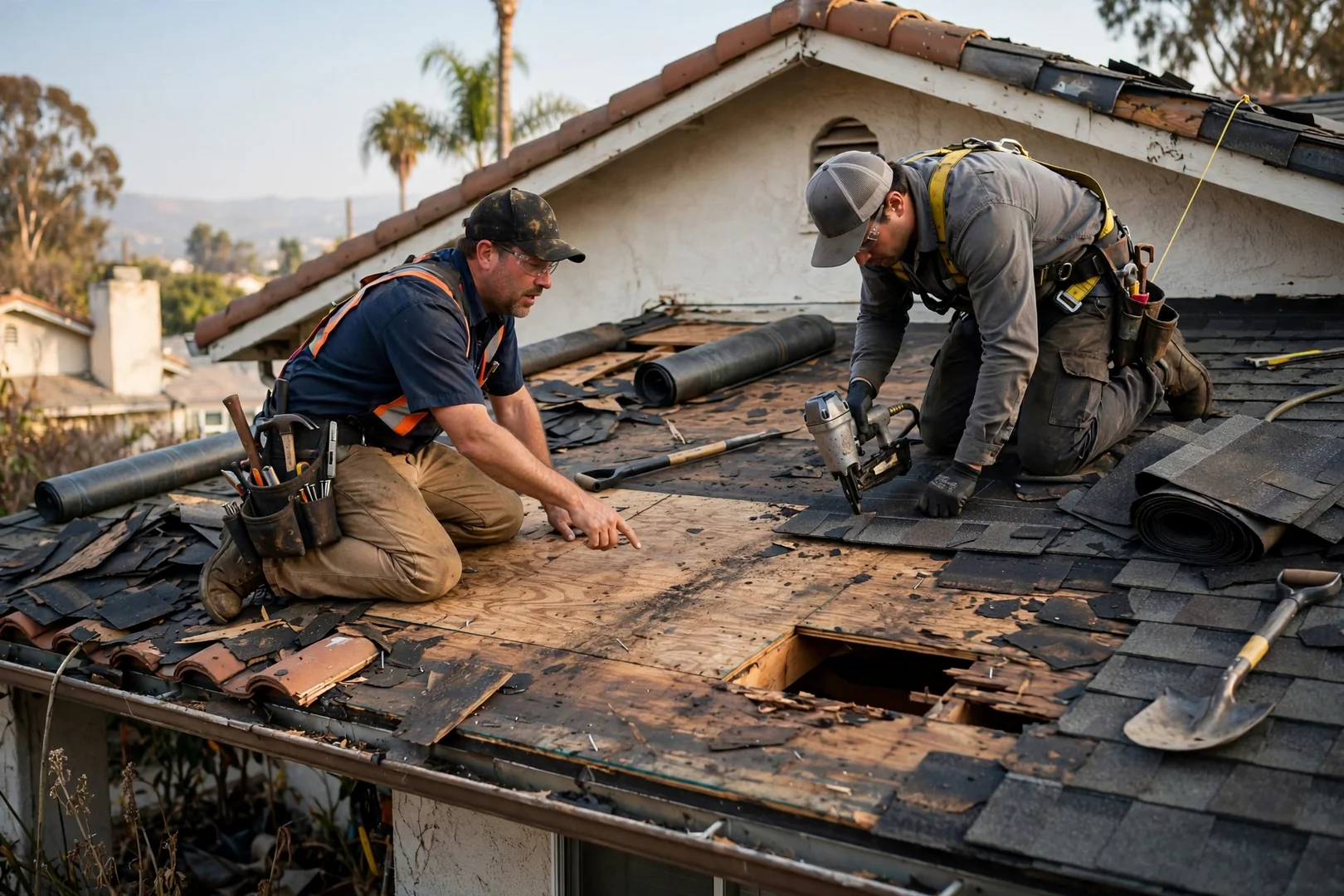 Roofing estimator measuring a residential roof deck before metal panel installation in La Puente