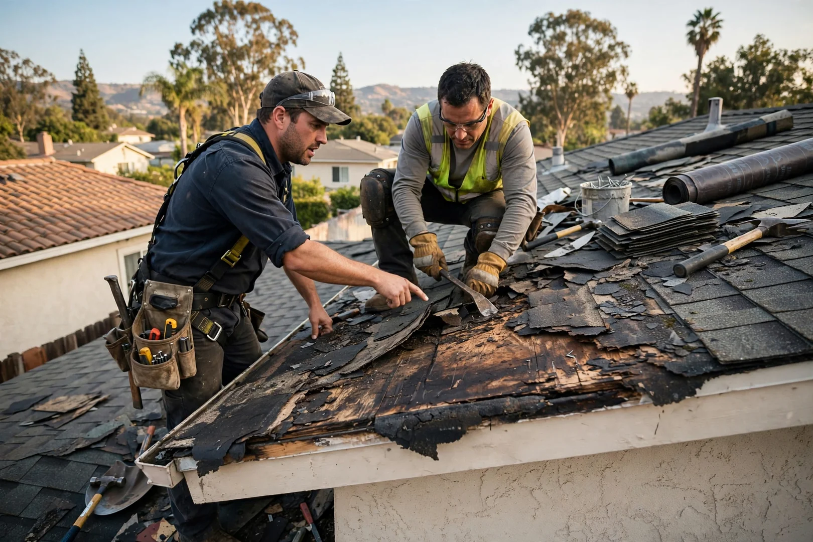 Roofing technician securing standing seam metal panels on a La Puente home during installation