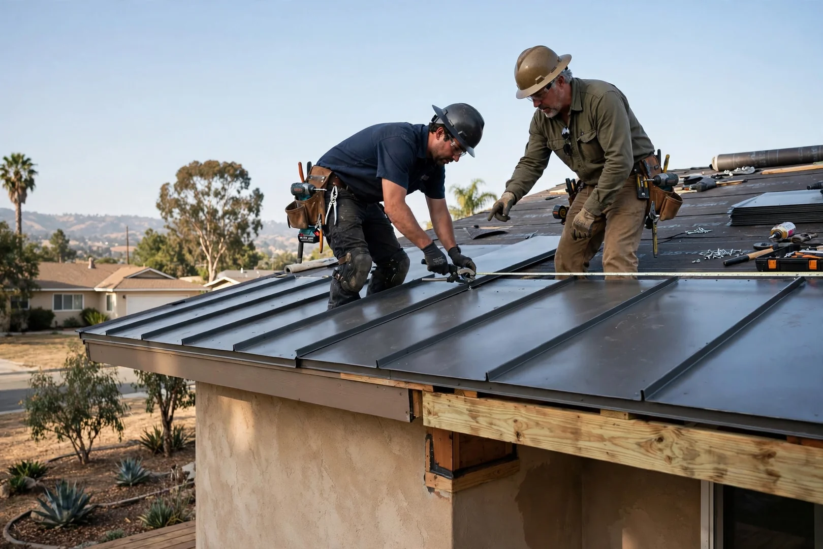 Standing seam metal roof panels installed over a restored deck on a single-story home