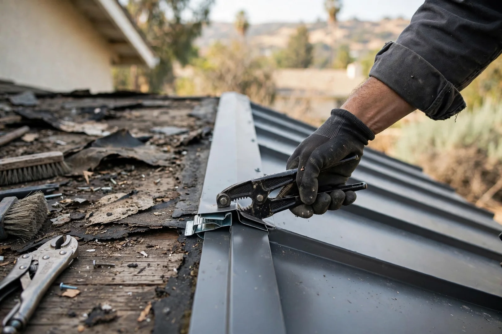 Close-up of concealed clip and seam engagement along a newly set metal roof panel