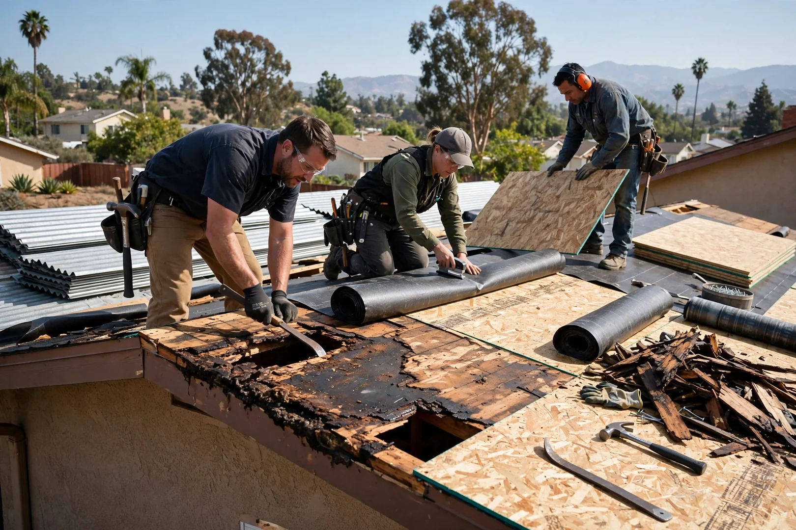 Crew replacing rotted sheathing and underlayment before corrugated metal panel installation