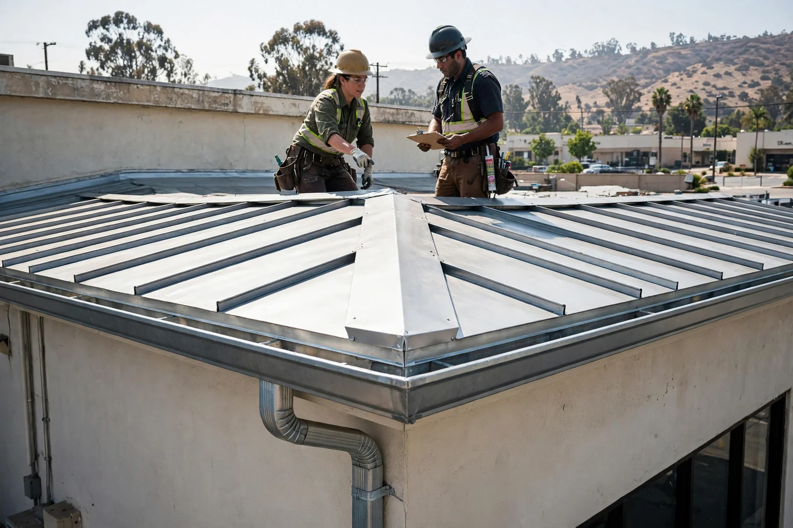 Finished metal roof with ridge cap, eave trim, and new gutter tie-in on a commercial building