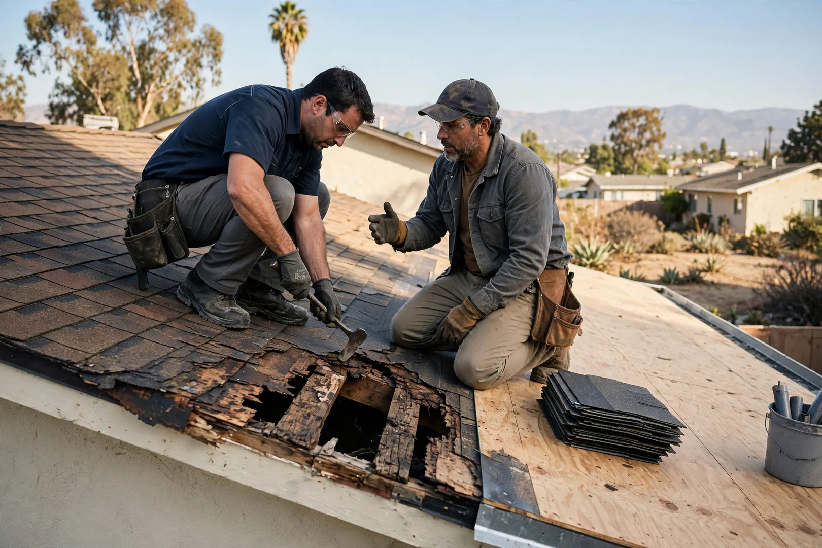 Roofing technician documenting flashing and shingle condition during a residential roof inspection in La Puente