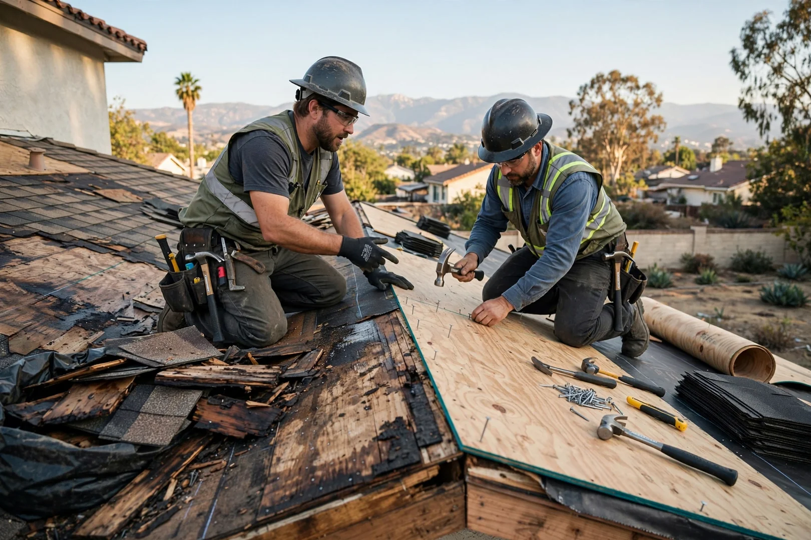 Roofing inspector reviewing written inspection findings with a homeowner beside a La Puente home