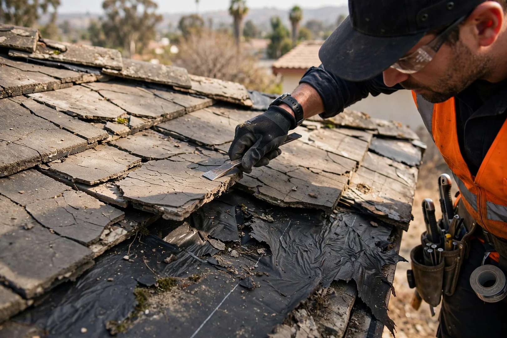 Close-up of cracked concrete roof tiles and exposed underlayment found during inspection