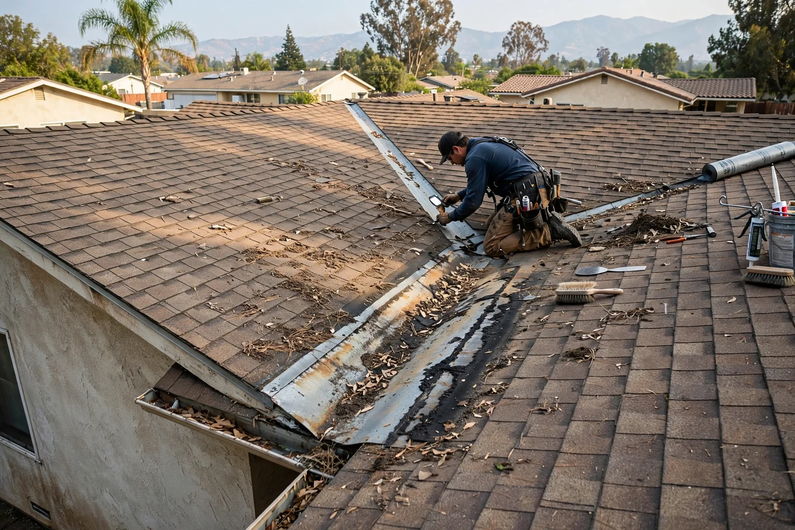 Wide view of a single-story La Puente home roof with technician checking valley flashing
