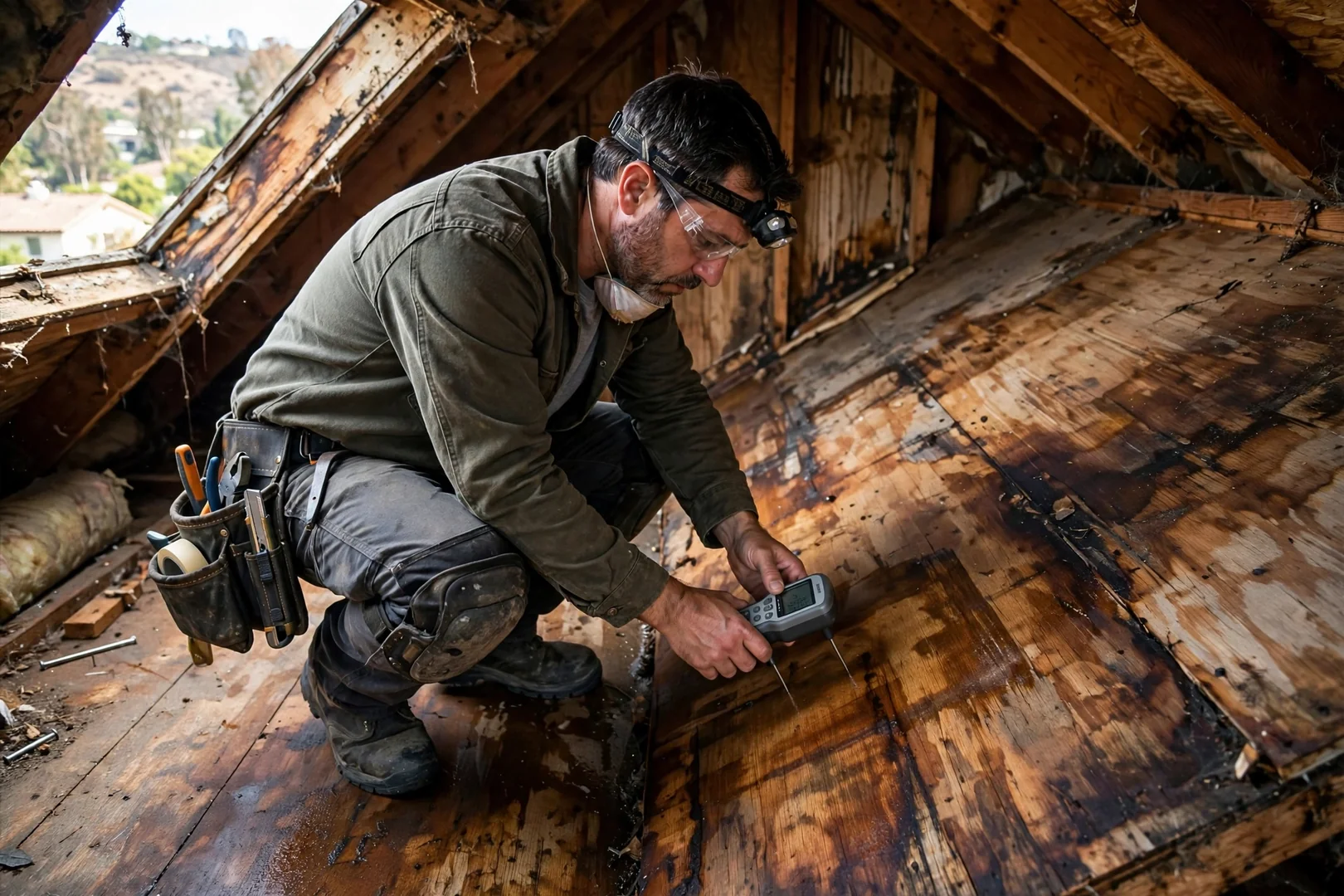 Attic decking showing water staining reviewed with a moisture meter during interior evaluation