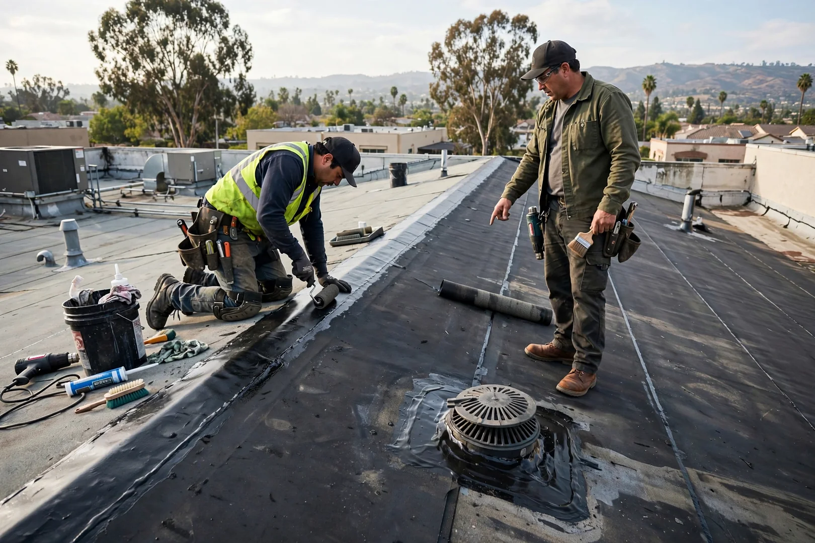 Restored low-slope commercial membrane roof after corrective seam and drain repairs