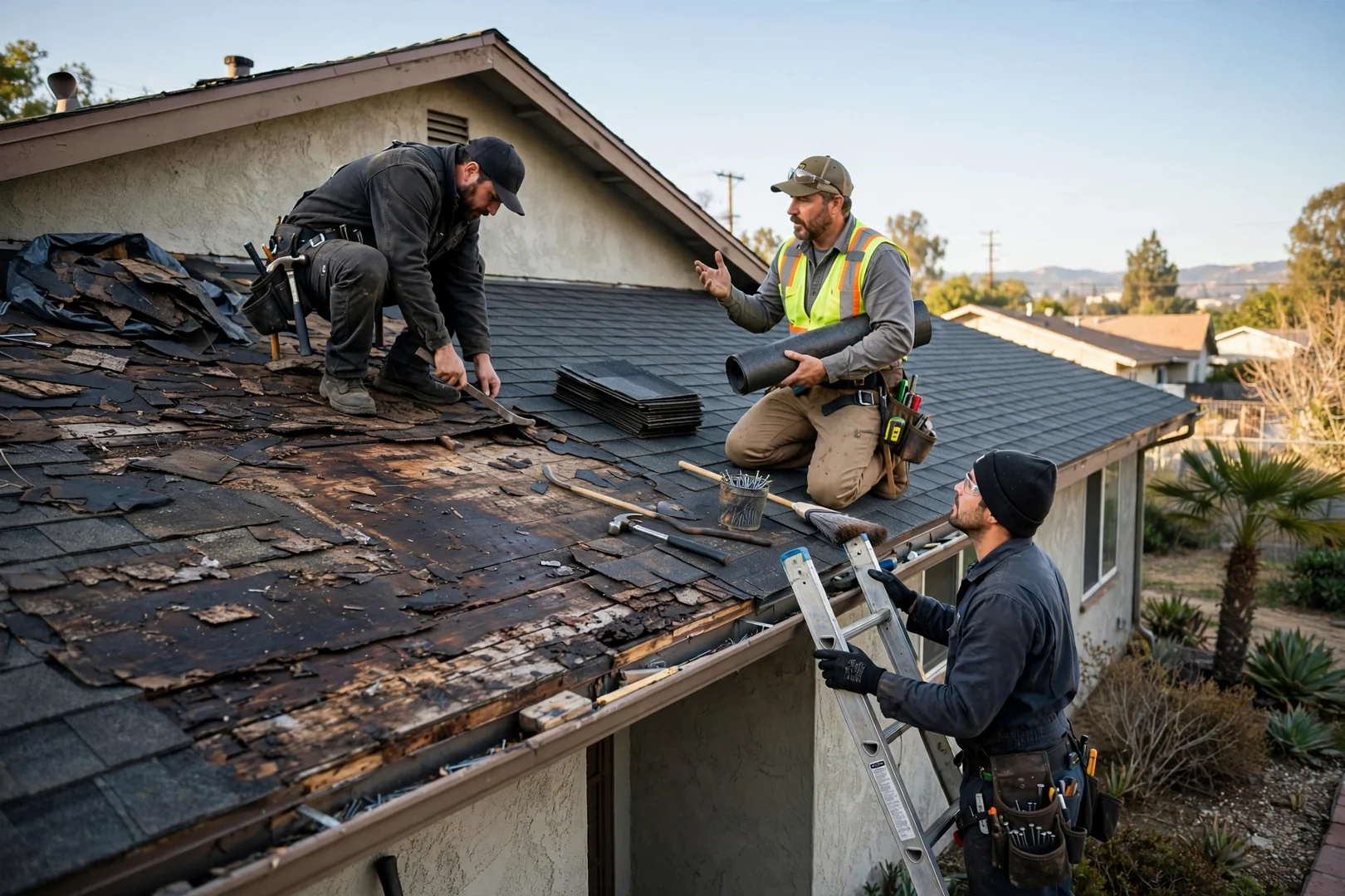 Roofer checking tile roof flashing on La Puente home