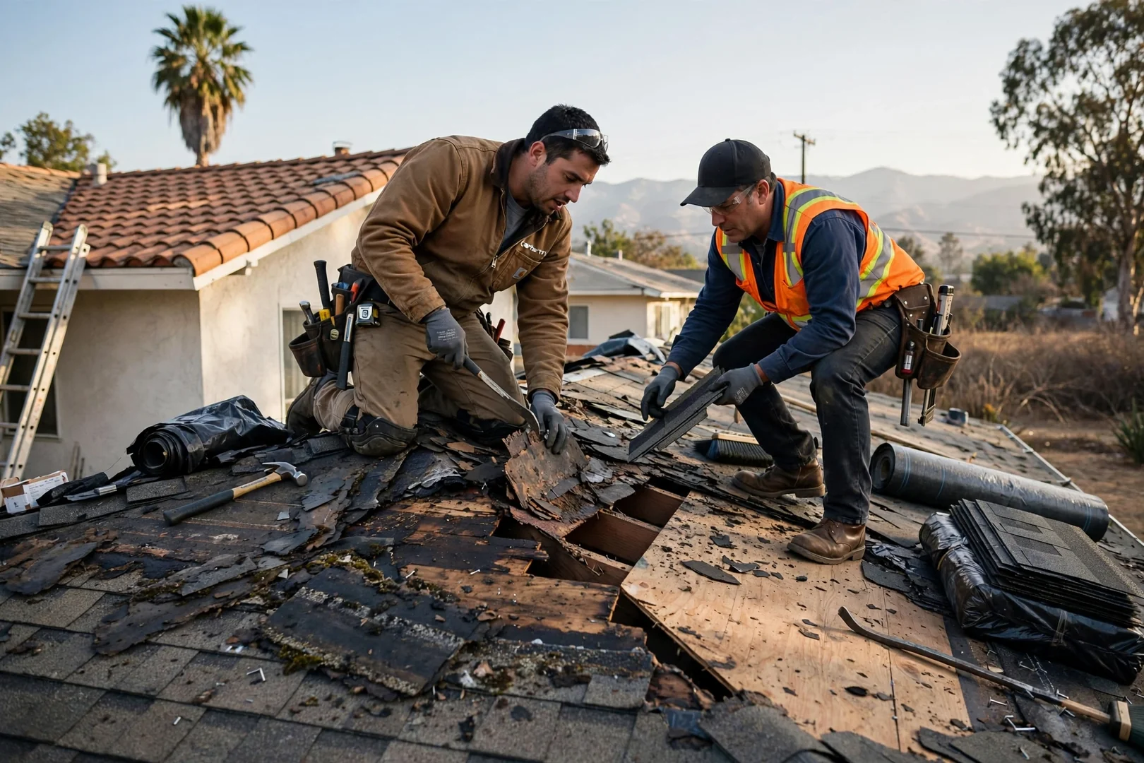 Roofing technician measuring a damaged shingle section while preparing a written repair estimate