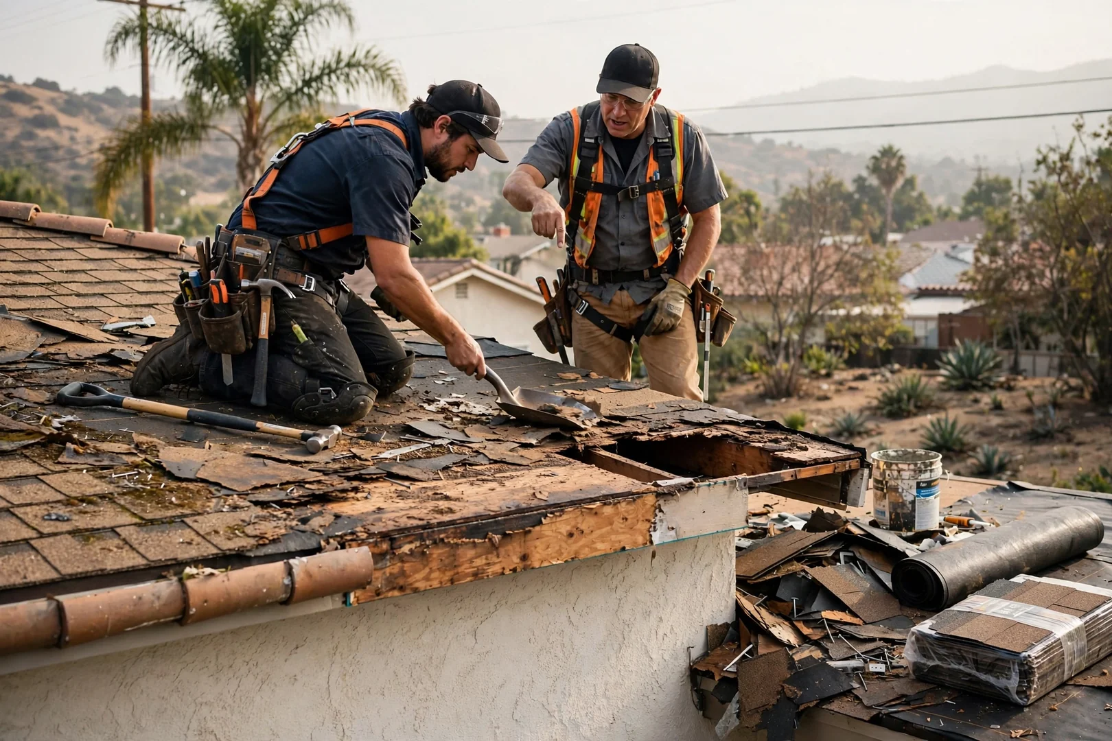 Roofing technician sealing flashing during a residential roof repair in La Puente