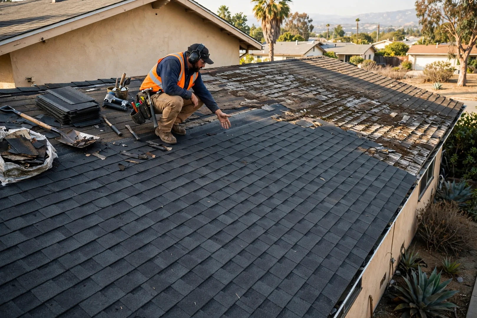Restored asphalt shingle section blending into an existing roof plane on a single-story home
