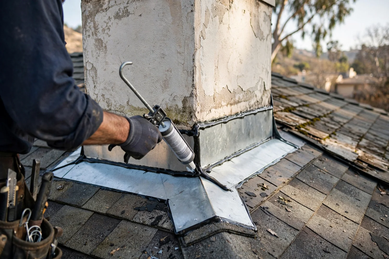 Close-up of newly installed step flashing sealed along a chimney and roof intersection