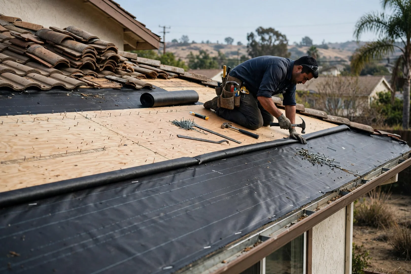 Replaced sheathing and synthetic underlayment exposed before new tile courses are reset