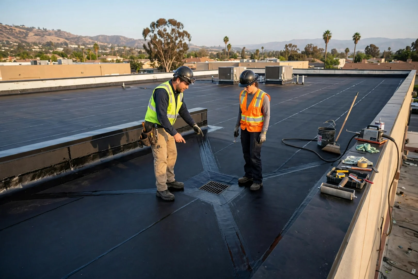 Wide view of a finished commercial membrane repair with corrected drainage slope