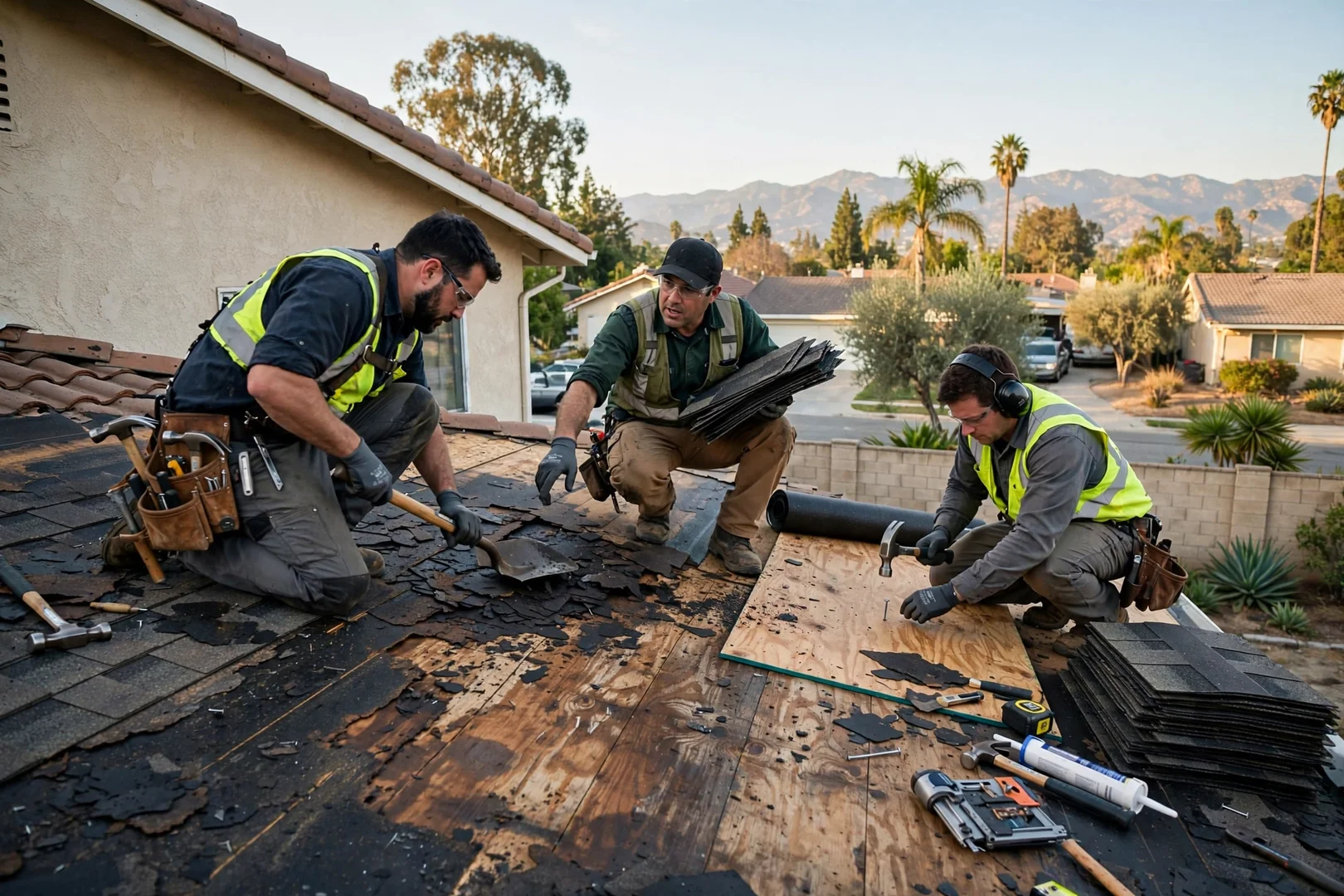 Technician inspecting damaged shingles before repair work