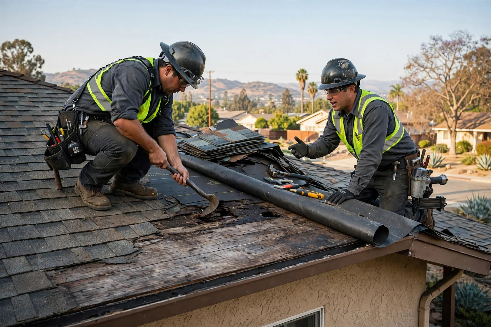 Roofing estimator measuring shingle roof area during a replacement cost assessment in La Puente