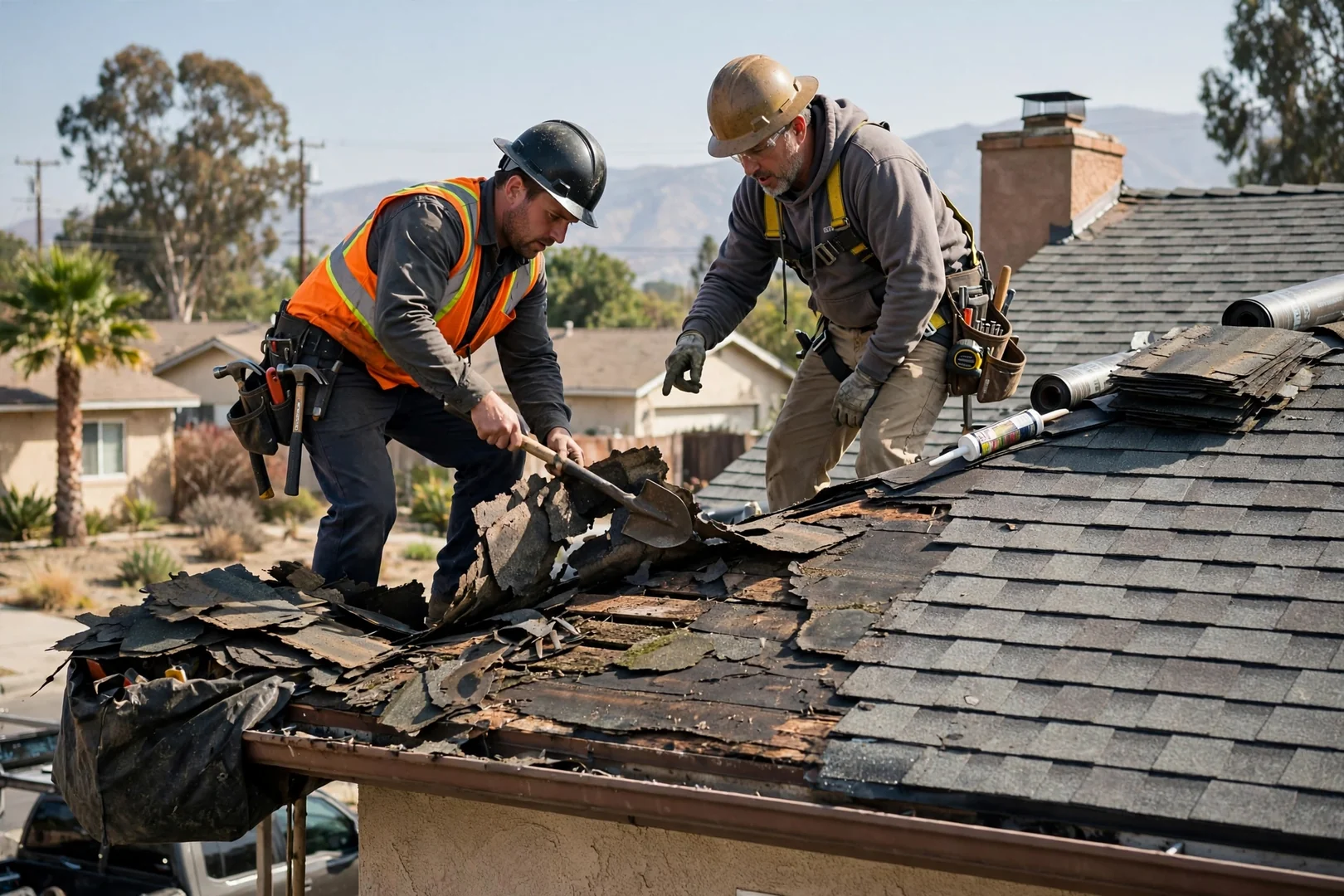Roofing crew installing new shingle courses over fresh underlayment on a La Puente home