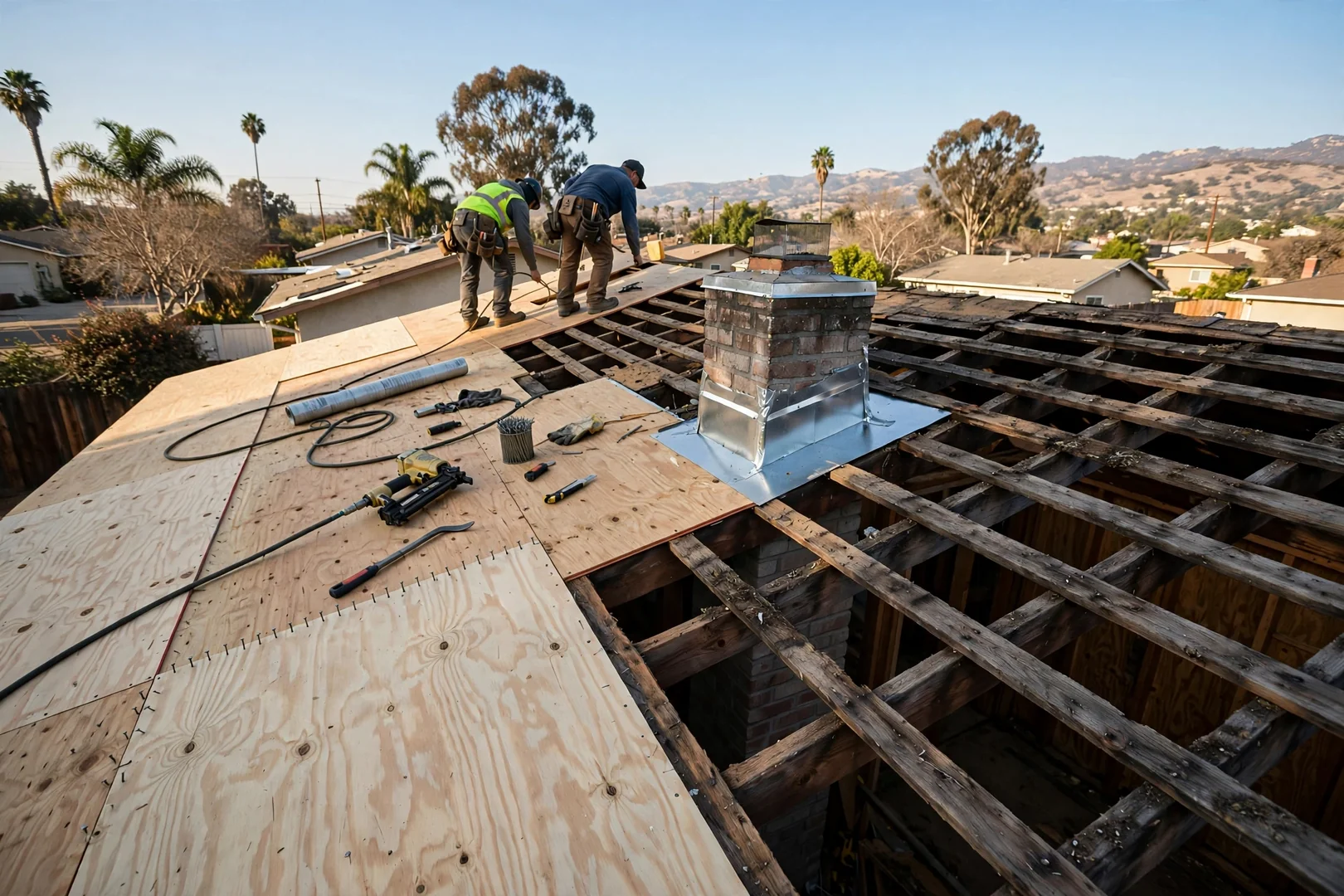 Roofing crew replacing rotted plywood decking after tear-off on a residential roof