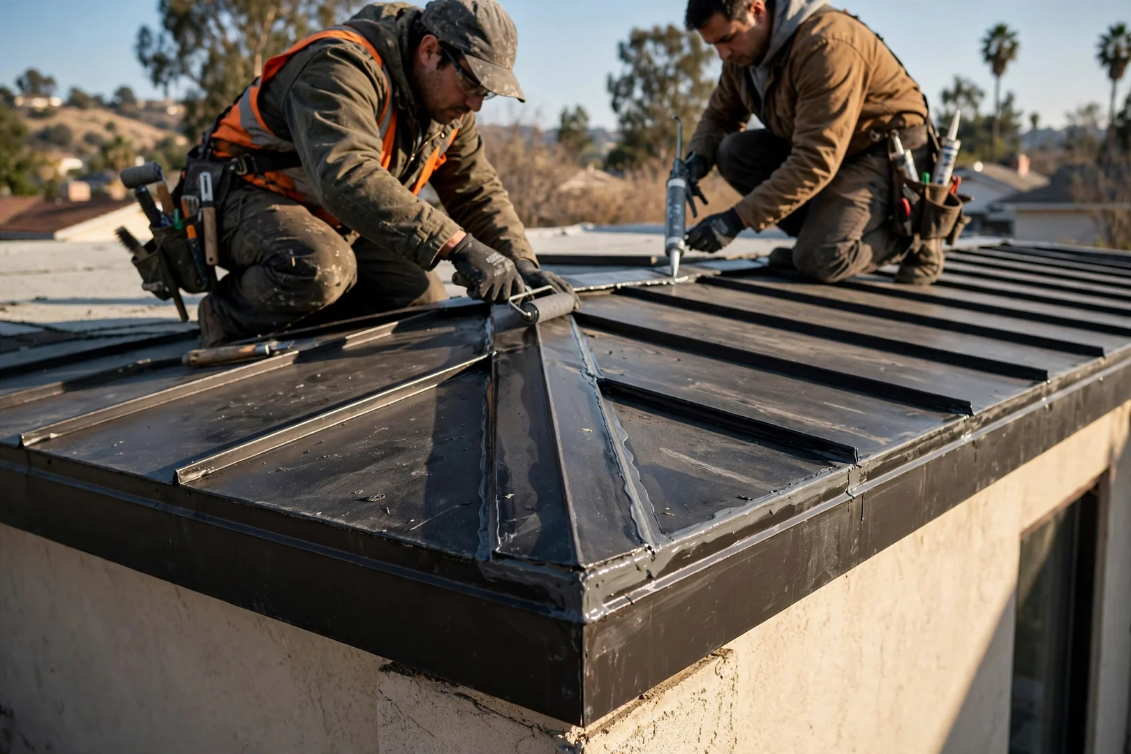 Standing seam metal roof panels installed on a La Puente commercial building