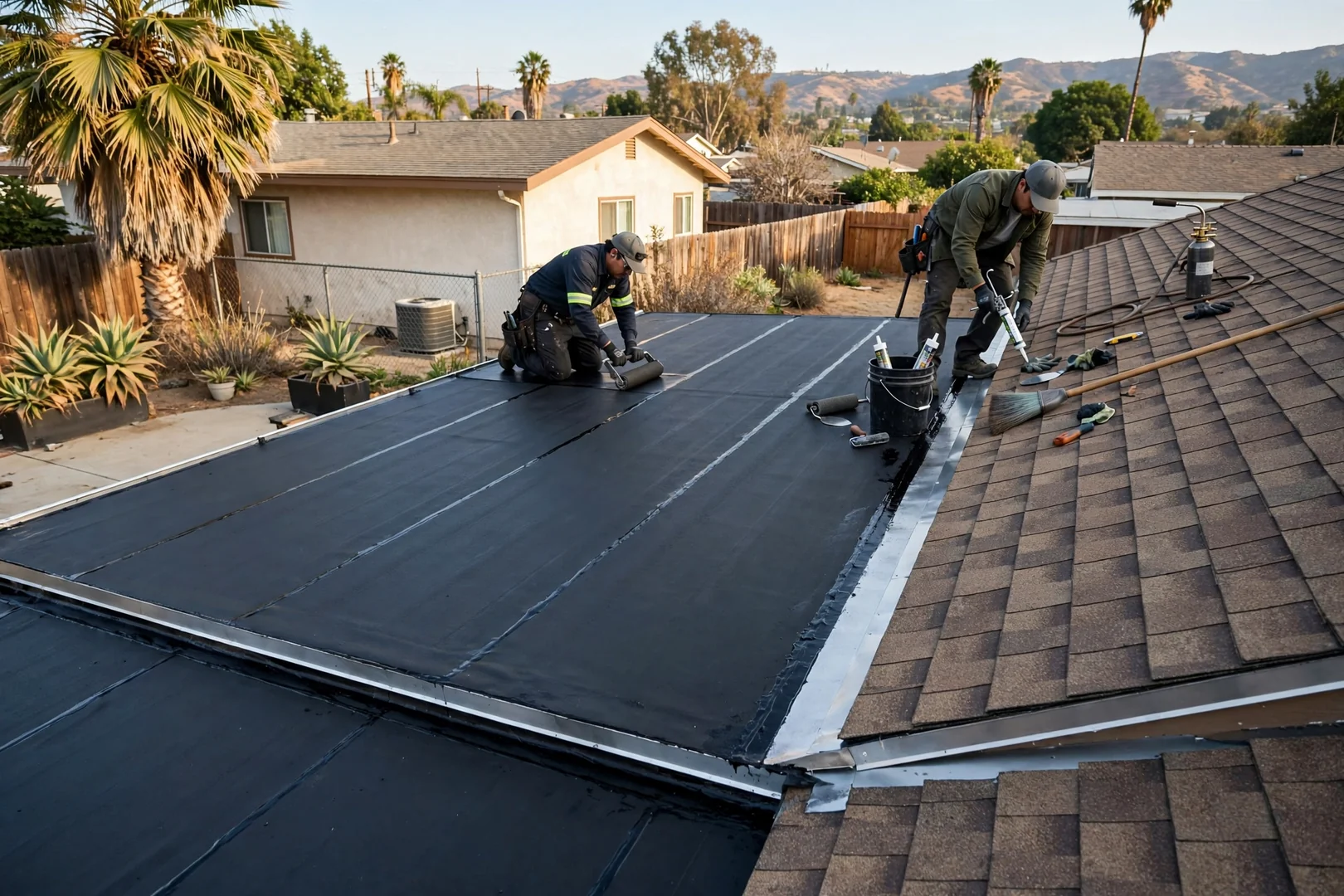 Low-slope patio roof section resurfaced with modified bitumen membrane and new flashing
