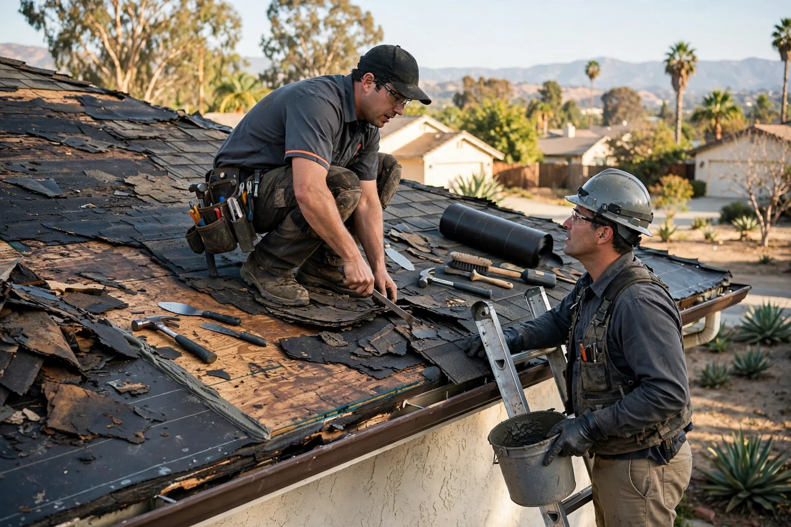 Crew replacing damaged flashing and underlayment during a residential roof restoration project