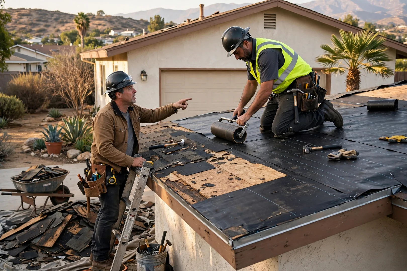 Roofing technician inspecting aged shingle roof on a La Puente home