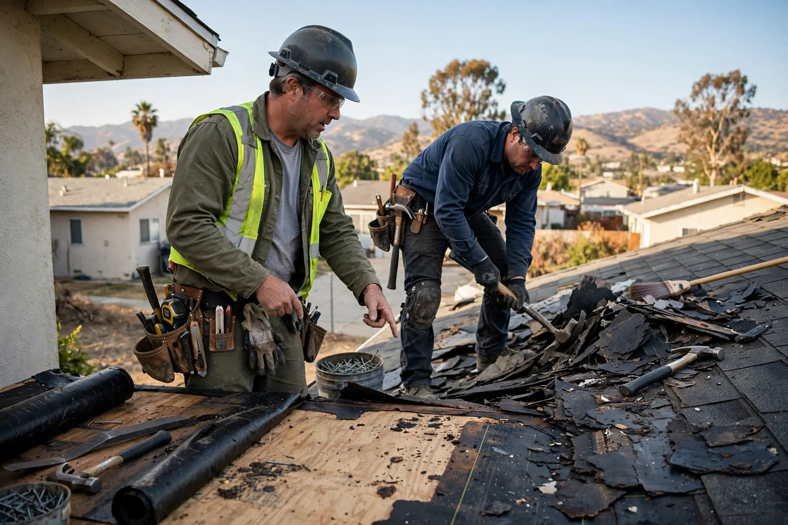 Roofer replacing damaged decking and flashing during a residential roof restoration