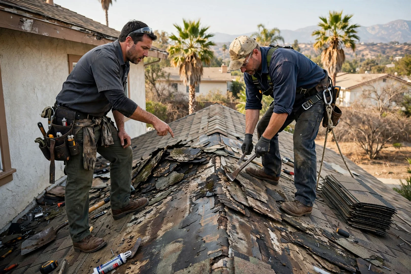 Roofing technician inspecting tile roof flashing on a La Puente home