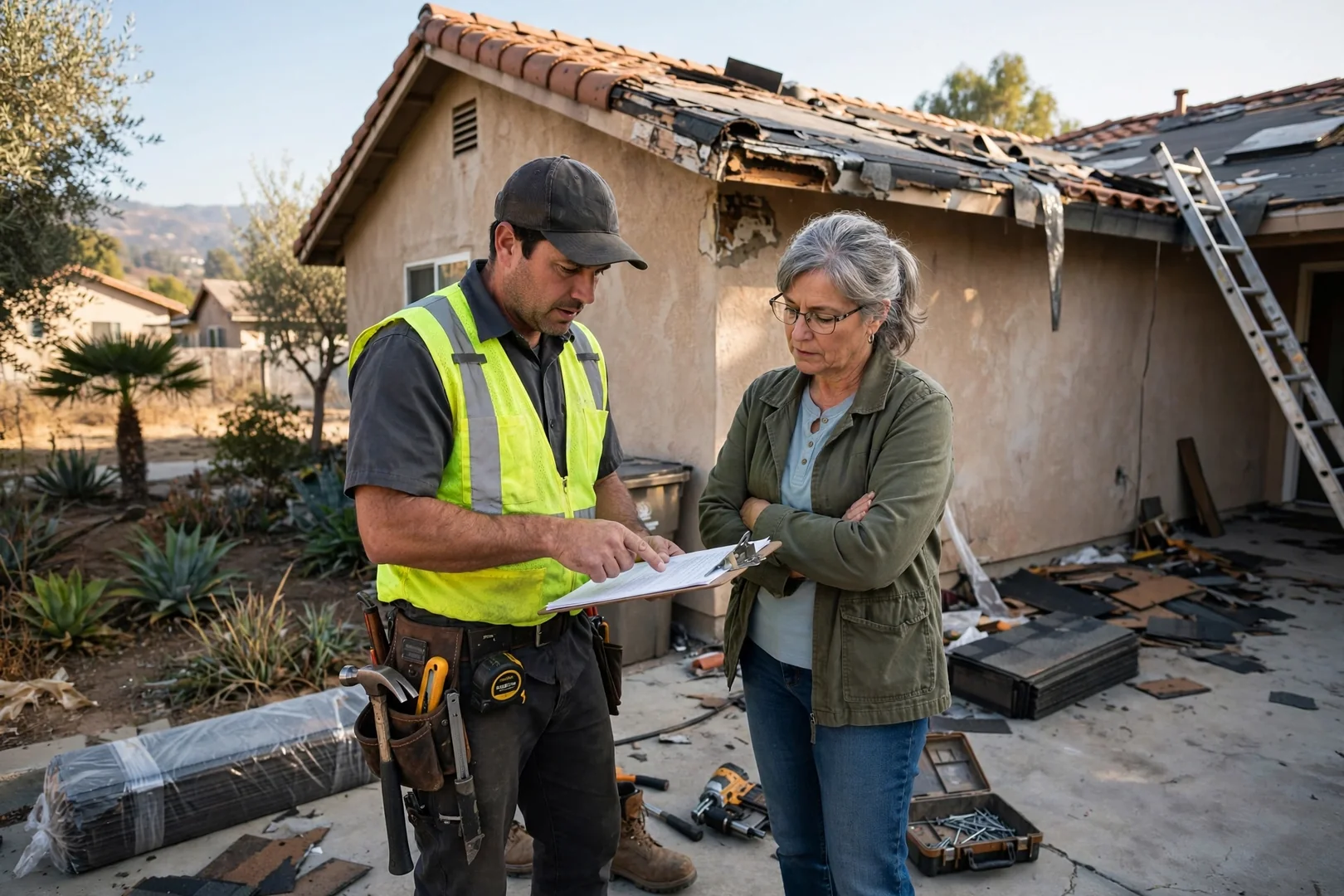 Roofing technician reviewing a written estimate with a homeowner beside a La Puente house