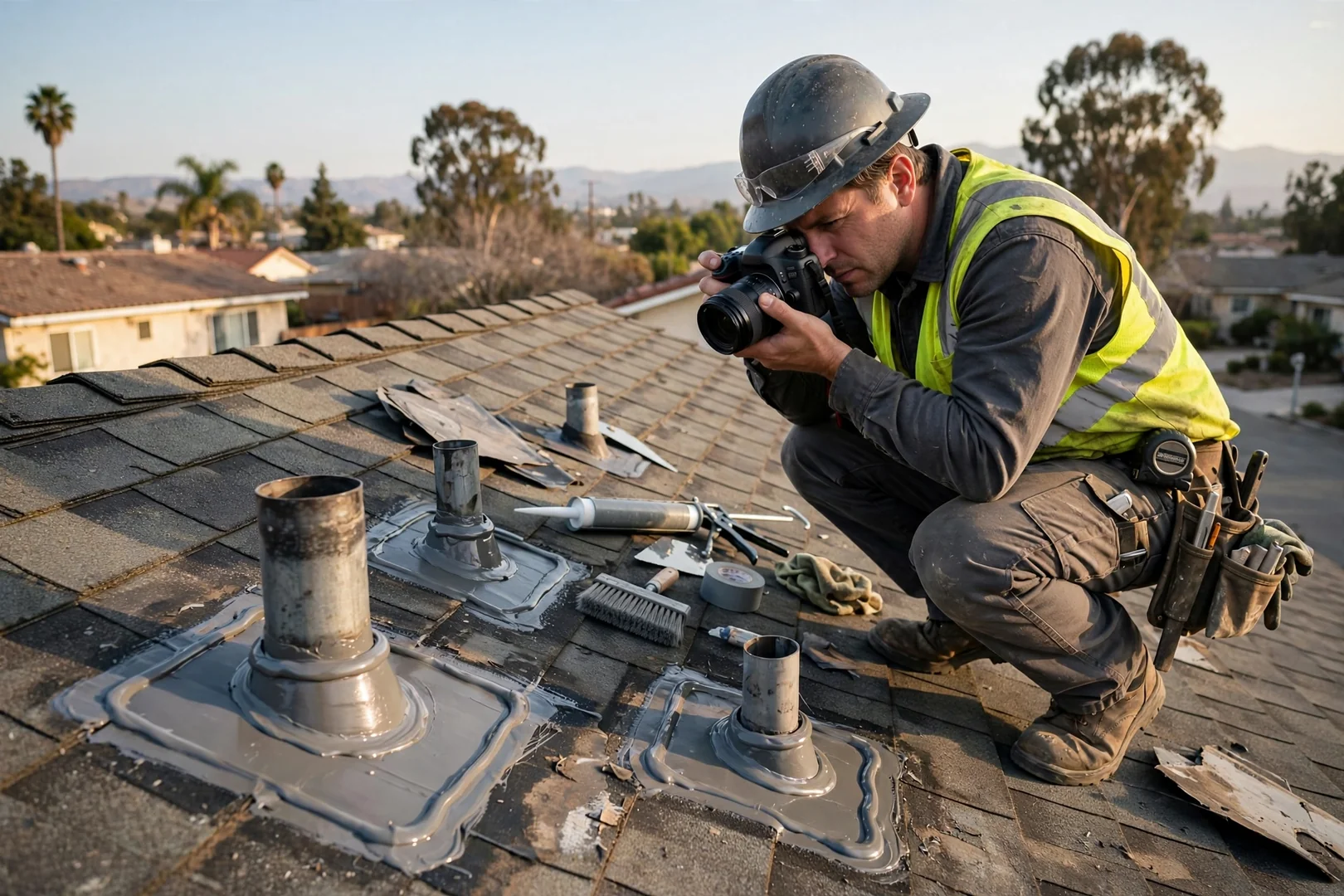 Crew member photographing repaired flashing and sealed roof penetrations during a final walkthrough
