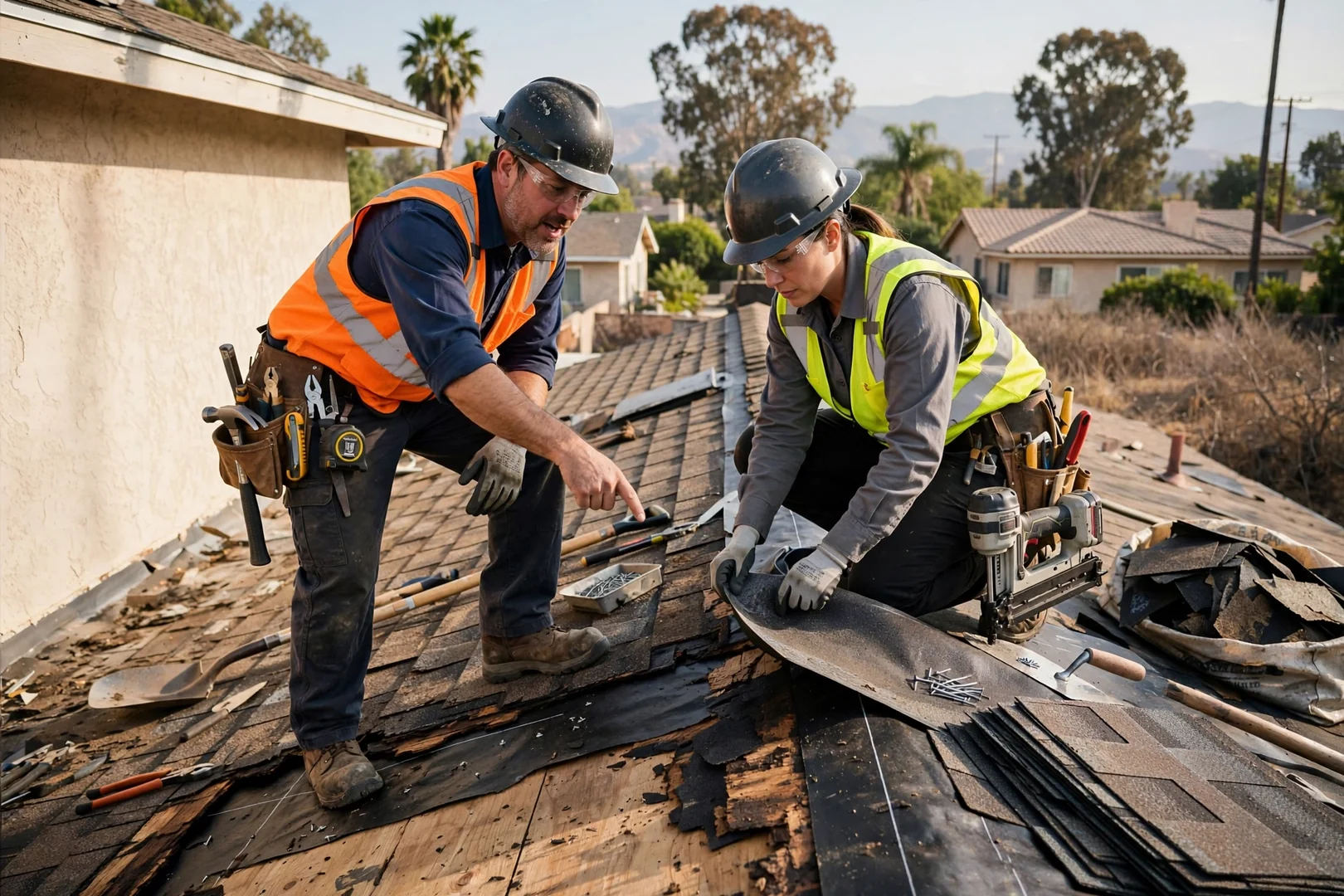 Roofing technician inspecting shingle condition on a La Puente home