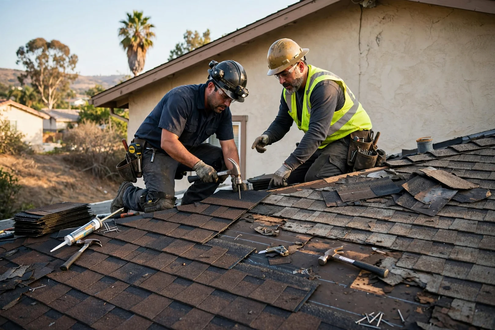 Roofer reviewing written estimate with homeowner