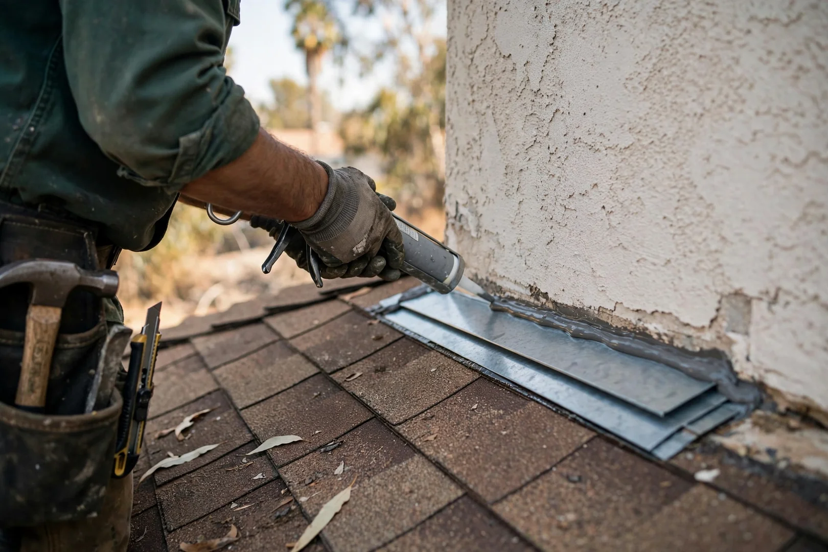 Close-up of new step flashing sealed along a stucco sidewall and shingle field