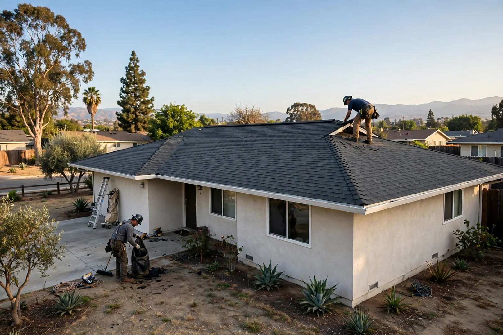 Wide view of completed asphalt shingle roof replacement on a single-story ranch house