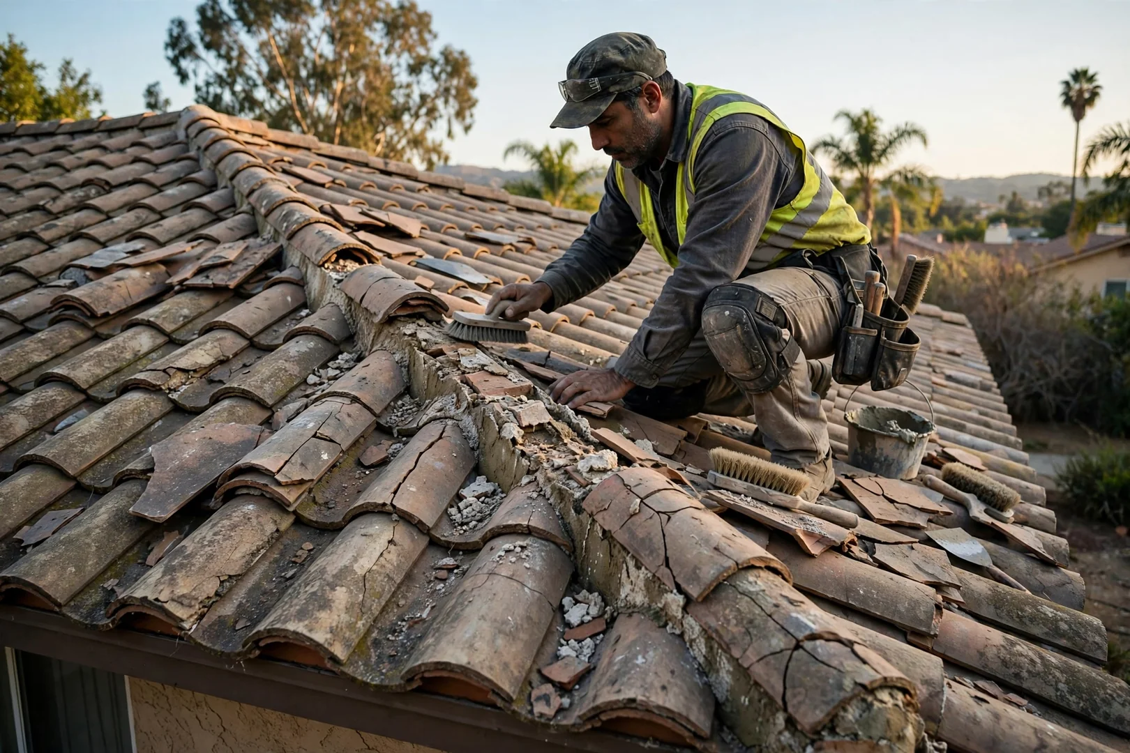 Aging clay tile roof with cracked pieces and worn ridge mortar before restoration