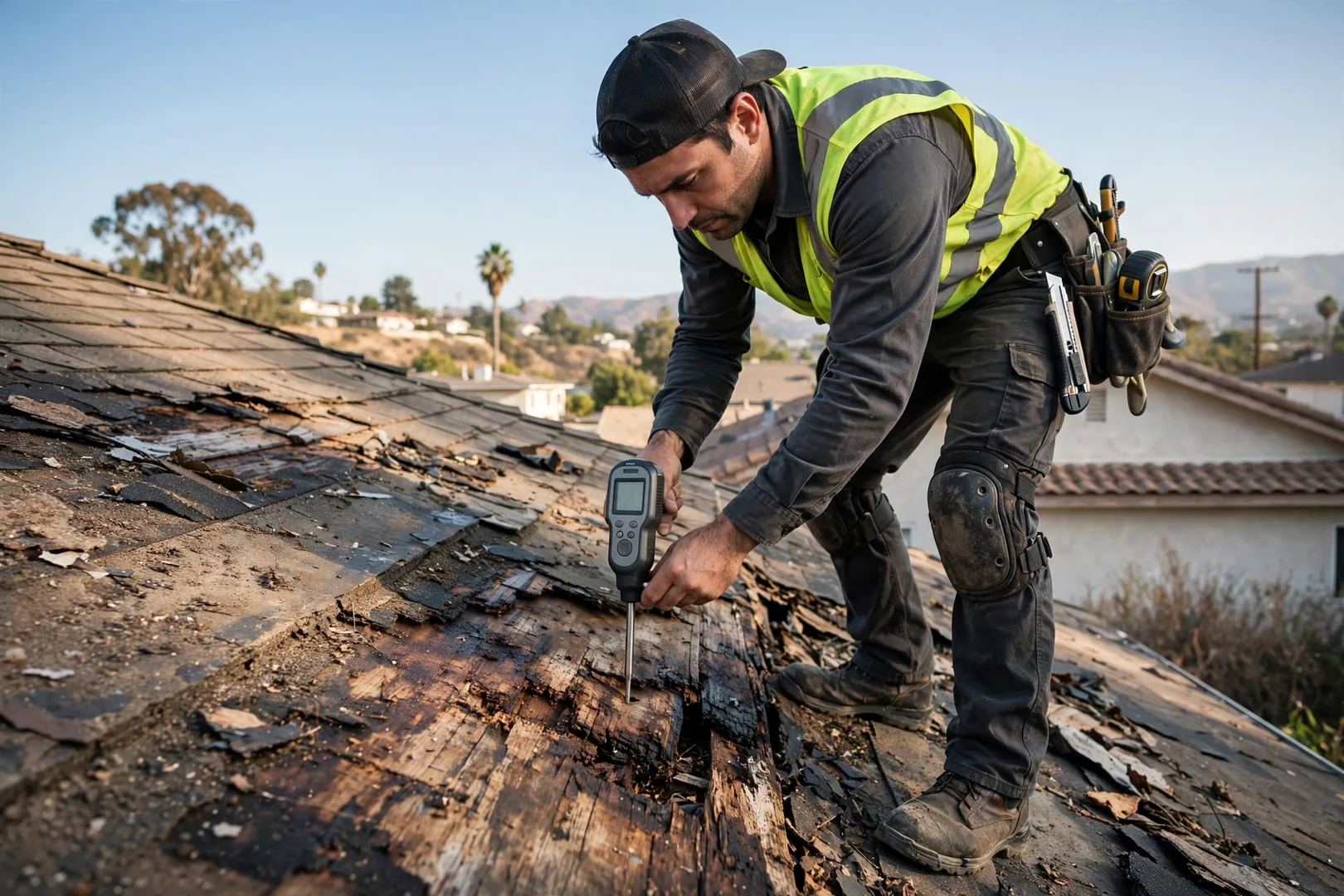 Technician probing soft roof decking with moisture meter during a roof inspection