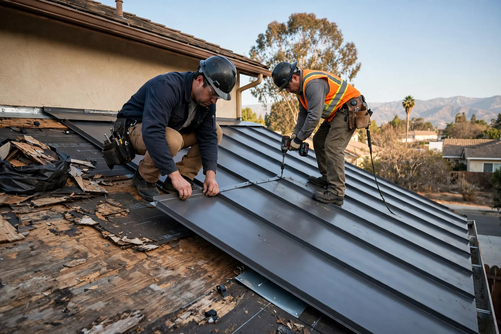 Standing seam metal roofing panels being aligned and fastened on a residential slope